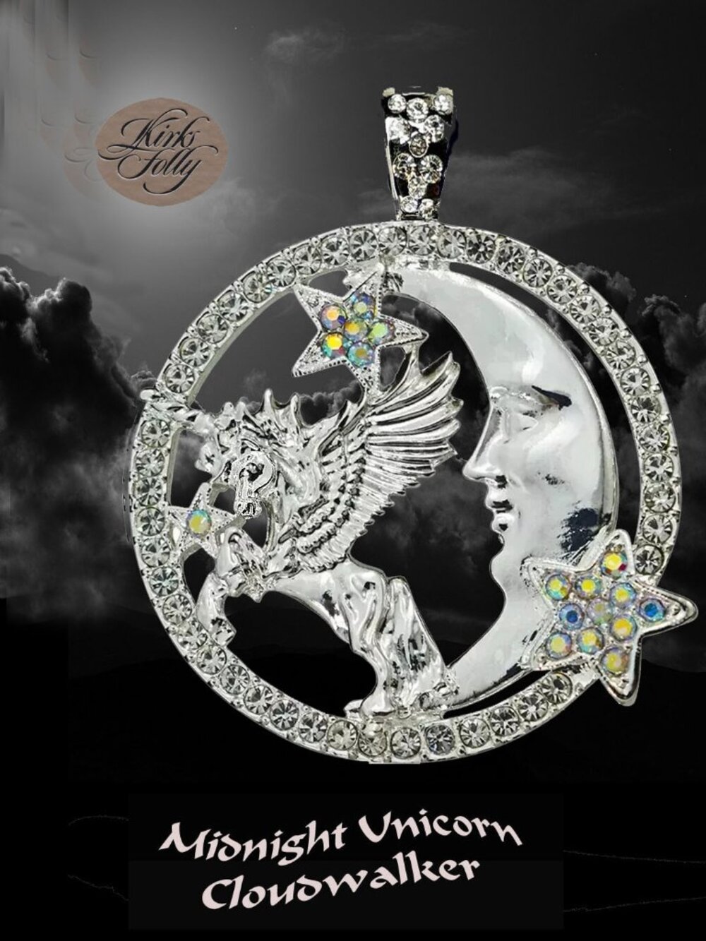 KIRKS FOLLY Moonlight 𝑪𝒍𝒐𝒖𝒅𝒘𝒂𝒍𝒌𝒆𝒓 Unicorn Foldover Pendant silvertone